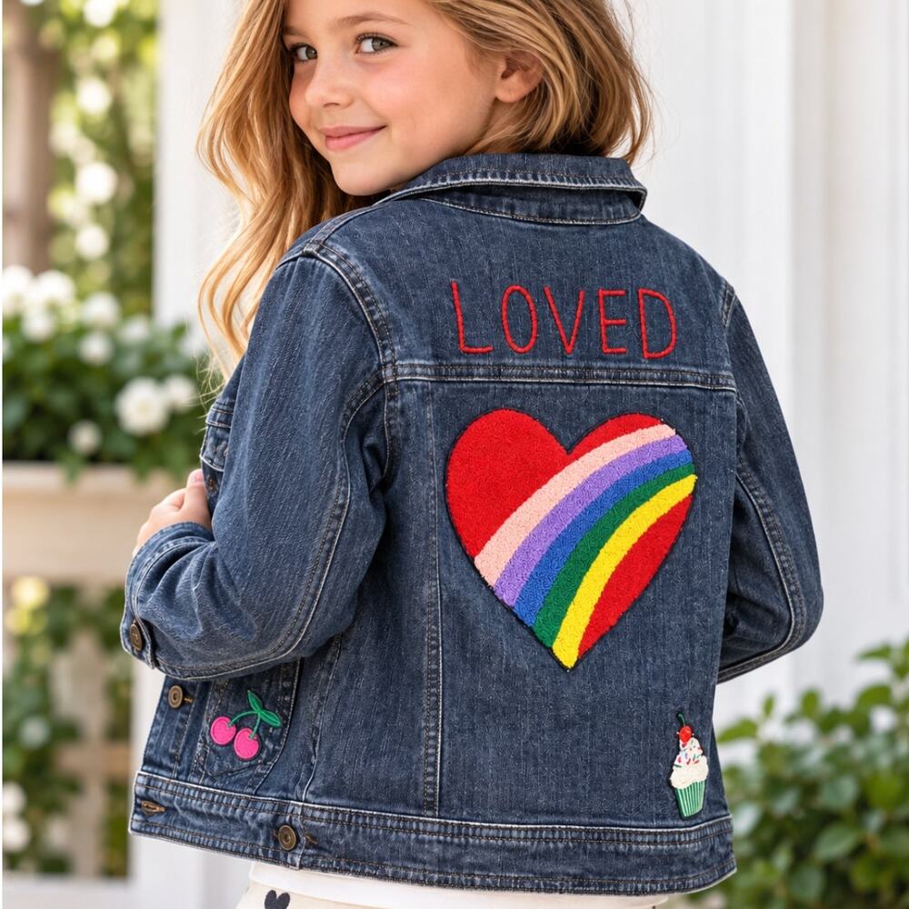 Hanna Andersson Girls Denim Jacket 6-7 LOVED Rainbow Heart Embroidered Patches